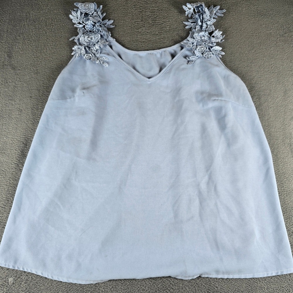 Floral Lace Applique V-Neck Tank Top Light Blue Sleeveless Blouse Flowy Camisole